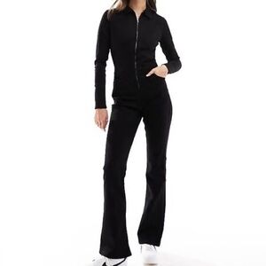 Bershka Midnight Black Zip Front Flared Denim Jumpsuit, M